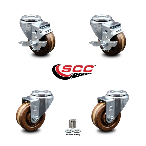 3 Inch High Temp Phenolic Wheel Swivel Bolt Hole Caster Set with 2 Brake SCC